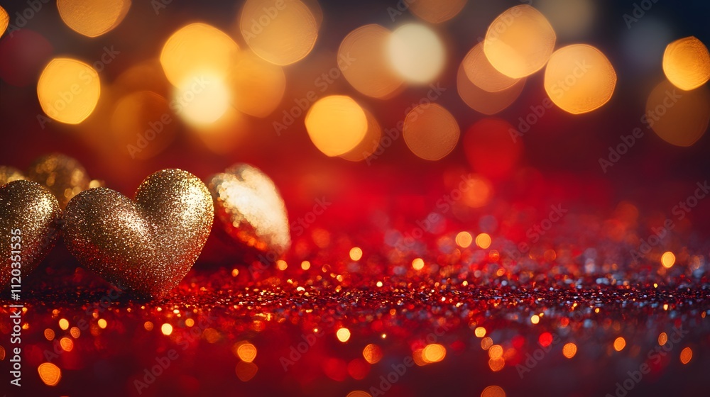 Golden Hearts Resting on Red Glittering Background Golden Hearts Resting on Red Glittering Background