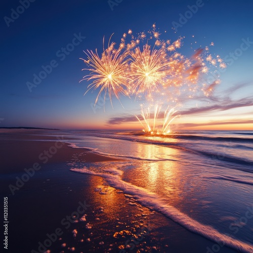 Energetic fireworks display over beach at twilight with warm colors