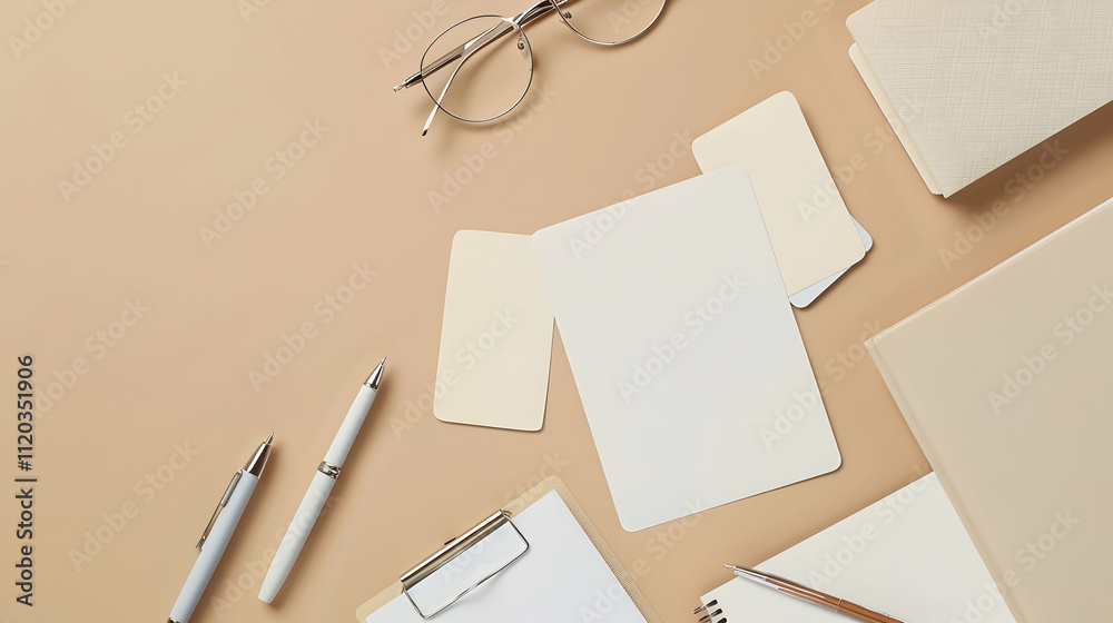 Glasses, sheets of paper, cards, pen, notebook, stapler on beige background Glasses, sheets of paper, cards, pen, notebook, stapler on beige background