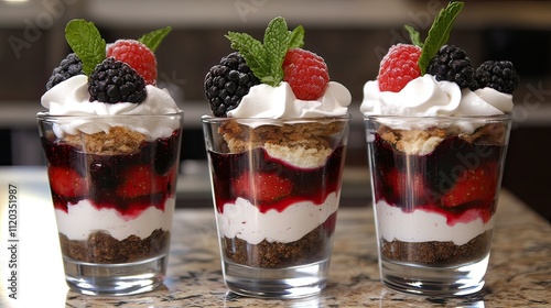 Wallpaper Mural Three delicious parfaits layered with berries, cream, and granola, garnished with mint leaves. Torontodigital.ca