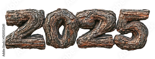 3D 2025 text with tree bark texture