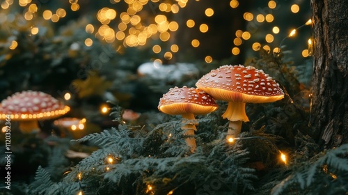Enchanting fly agaric mushrooms illuminated by warm fairy lights nestled amongst lush ferns.