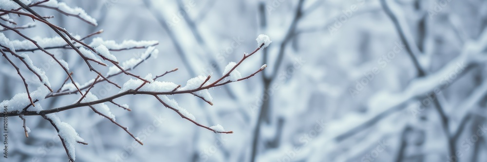 Snow-covered branches create a serene winter atmosphere in a tranquil forest setting Snow-covered branches create a serene winter atmosphere in a tranquil forest setting