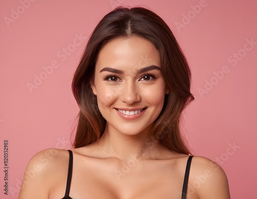 portrait of a smiling cute skin care gorgeous glowing skin young model woman perfect cleavage isolated on pink rose background short hairs wearing black bra big boobs perfect cleavage short hairs 