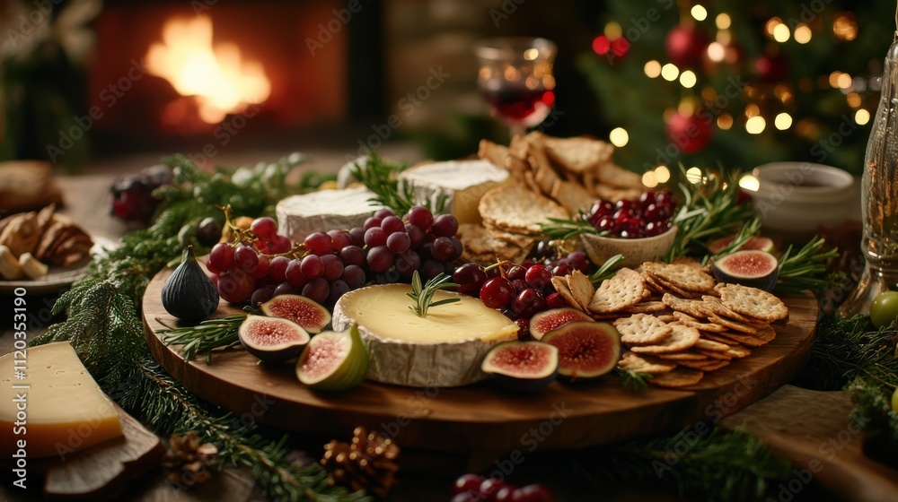 Rustic spread of artisanal cheeses on wooden table with holiday decor Rustic spread of artisanal cheeses on wooden table with holiday decor
