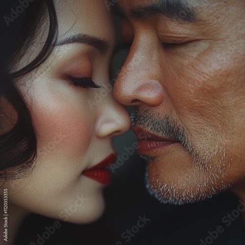 Pareja de chinos, coreanos, japoneses, amándose y dándose cariño, hombre y mujer demostrando amor muy pegados. photo