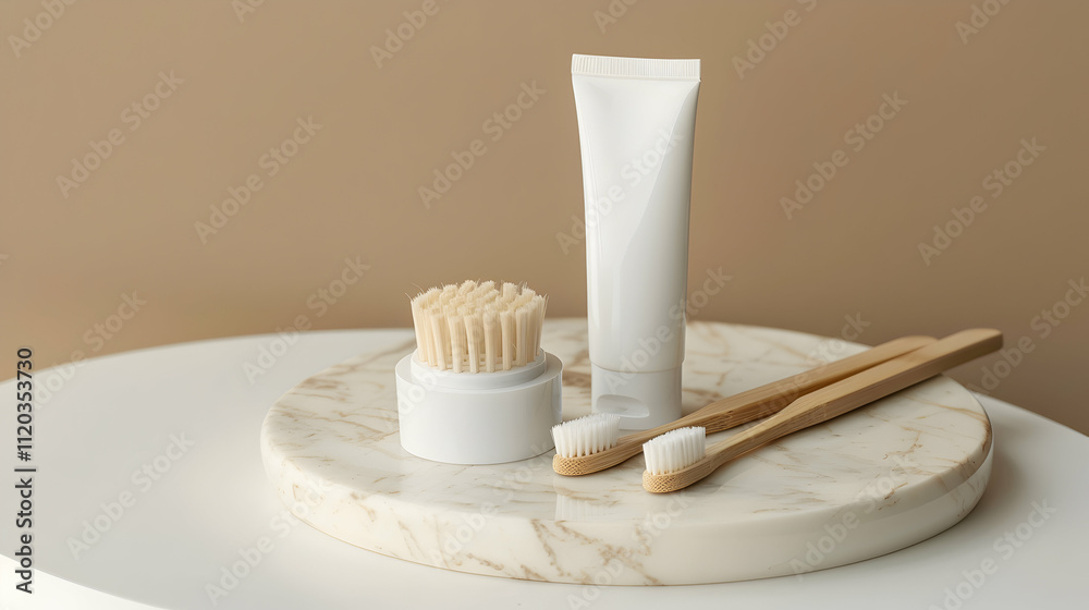 marble round board with toothpaste in tube and bamboo toothbrushes on white table and beige marble round board with toothpaste in tube and bamboo toothbrushes on white table and beige