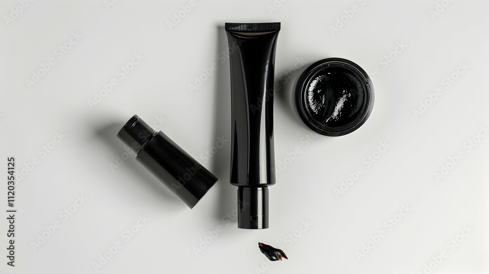 Studio shot of black cream tube and little plastic bottle isolated on white Studio shot of black cream tube and little plastic bottle isolated on white