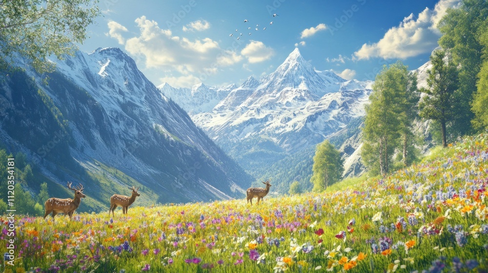 Majestic deer graze in a vibrant alpine meadow, snow-capped mountains in the background under a sunny sky. Majestic deer graze in a vibrant alpine meadow, snow-capped mountains in the background under a sunny sky.