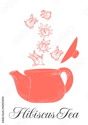 Hand drawn vector tea poster. Illustration with a side view hibiscus falling in a tea pot. Design ready to be used in online and print projects for bar or cafes such as menus or posters.