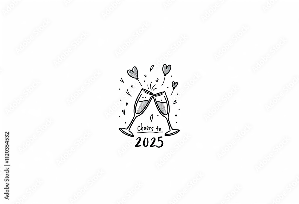 Cheers to 2025 Happy New Year Celebration Hand Drawn Doodle Two Champagne Glasses with Heart Balloons Festive Holiday Toast Minimalist Design Black and White Illustration Greeting Card Banner Social Cheers to 2025 Happy New Year Celebration Hand Drawn Doodle Two Champagne Glasses with Heart Balloons Festive Holiday Toast Minimalist Design Black and White Illustration Greeting Card Banner Social