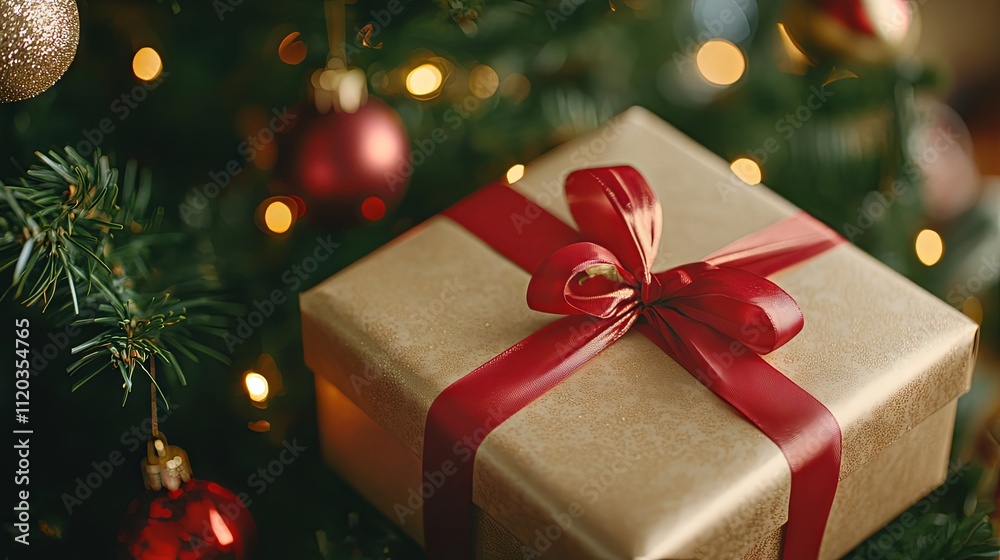 Christmas Gift Under the Tree with Red Ribbon Christmas Gift Under the Tree with Red Ribbon