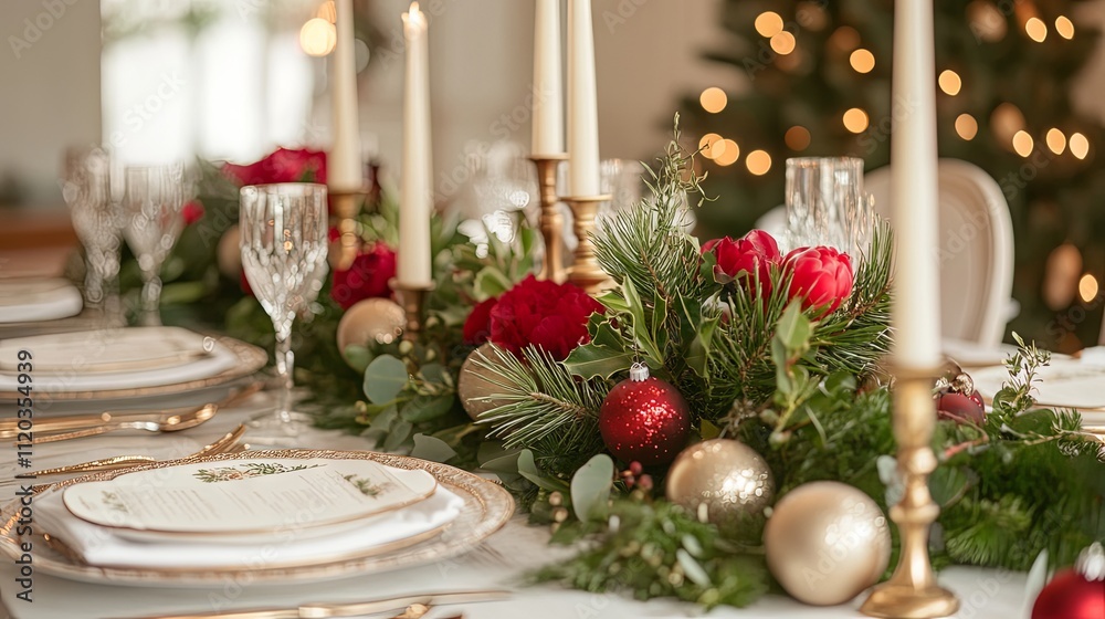 Elegant Christmas Table Setting with Red Ornaments and Greenery Elegant Christmas Table Setting with Red Ornaments and Greenery