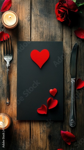 romantic table setting on wooden table, black blank card or menu with red heart, heart-shaped petals, red rose, silver fork knife, lit candles. candlelight dinner for two, menu mockup, Valentine's Day photo