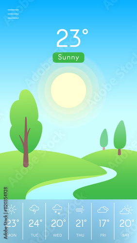 Mobile weather application displaying a sunny landscape with 23 degrees celsius, featuring trees and a river alongside a weekly forecast of varying conditions