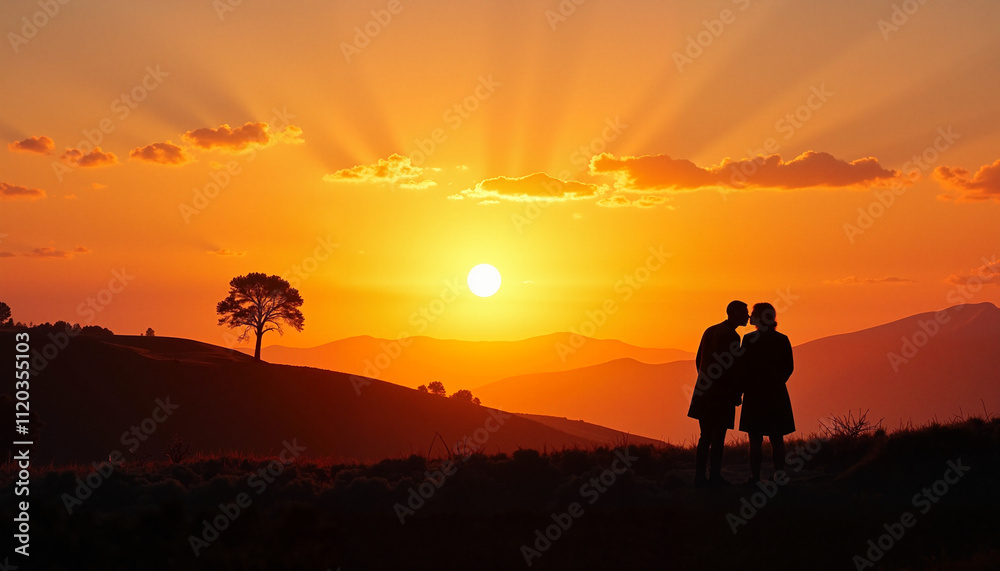Fototapeta premium Couple embracing at sunset on rolling hills.