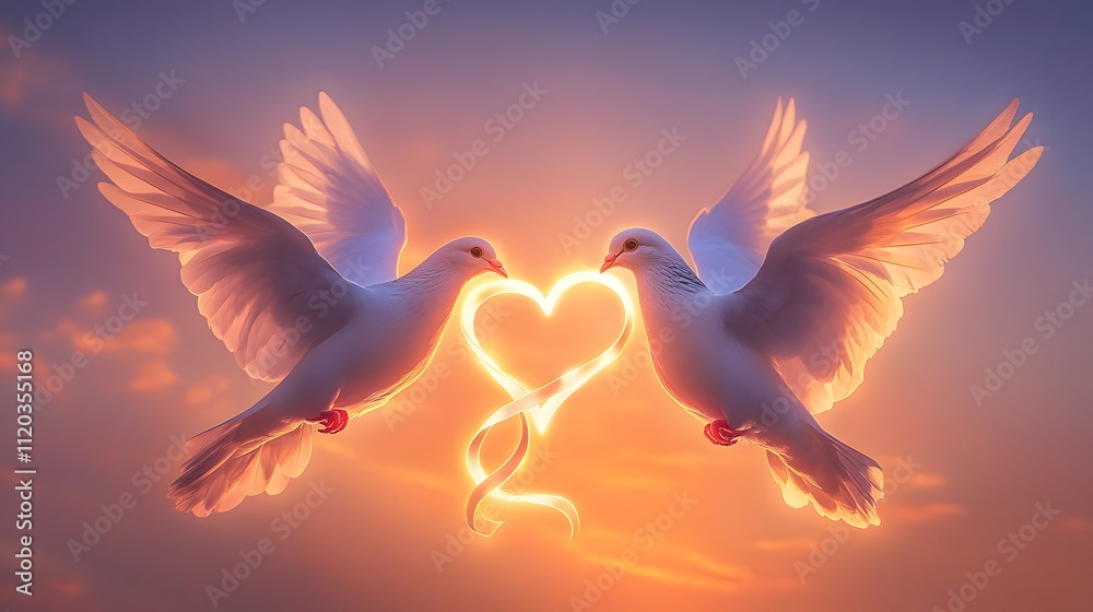 Fototapeta premium Two White Doves Forming a Heart Shape with Light Against a Beautiful Sunrise Background, Symbolizing Love, Peace, and Harmony in Nature