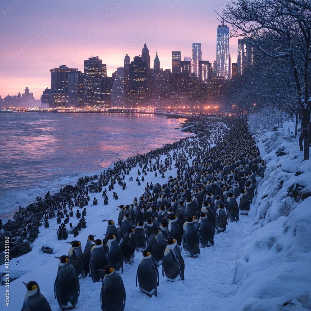 Obraz premium Invierno crudo, concepto de cambio climático. Foto ficticia de colonia de pingüinos en Europa.