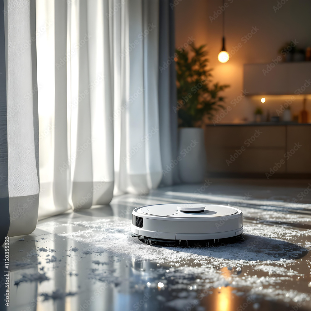 Robotic Vacuum Cleaner on Hardwood Floor in Home