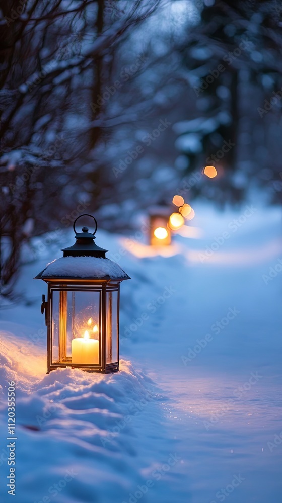 Enchanted Winter Path: Candle Lantern Glows in Snowy Forest Enchanted Winter Path: Candle Lantern Glows in Snowy Forest