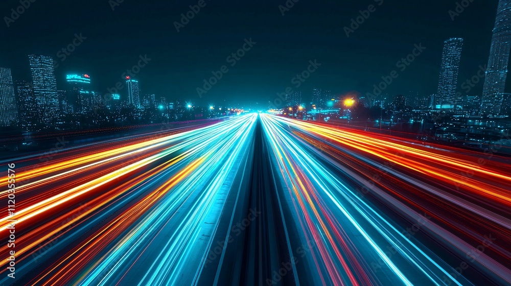 Obraz premium digital city lights at night with traffic movement and rhythmic patterns creating vibrant urban atmosphere.