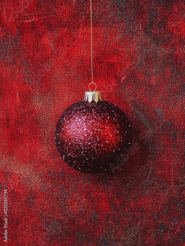 Sparkling Red Christmas Ornament on Rustic Background - Festive, elegant, winter, holiday, Christmas.  Red bauble hanging against textured red backdrop. photo