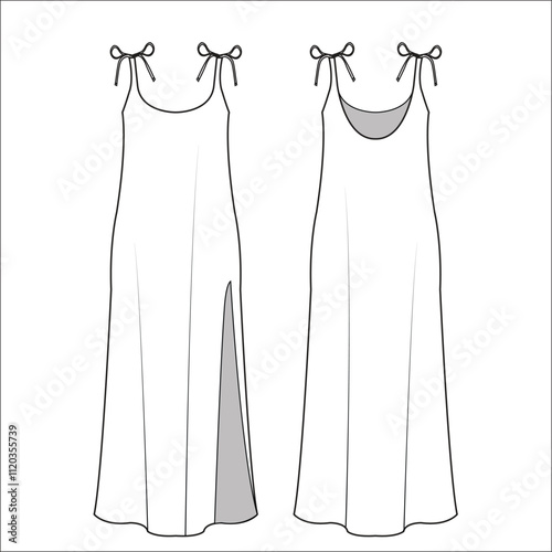 Slip dress with tie shoulder straps and a side slit. The design is minimalistic, featuring a loose silhouette, thin straps tied in bows, and a low neckline in the front and back.