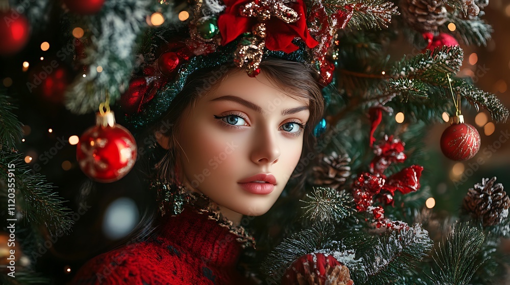 Captivating Christmas portrait of a woman in a festive outfit, surrounded by a Christmas tree and holiday decorations. Captivating Christmas portrait of a woman in a festive outfit, surrounded by a Christmas tree and holiday decorations.