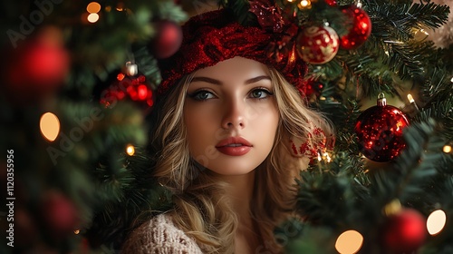 Captivating Christmas portrait of a woman in a festive outfit, surrounded by a Christmas tree and holiday decorations.