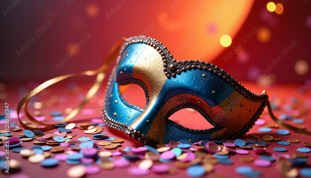 Colorful carnival mask with festive confetti on vivid background