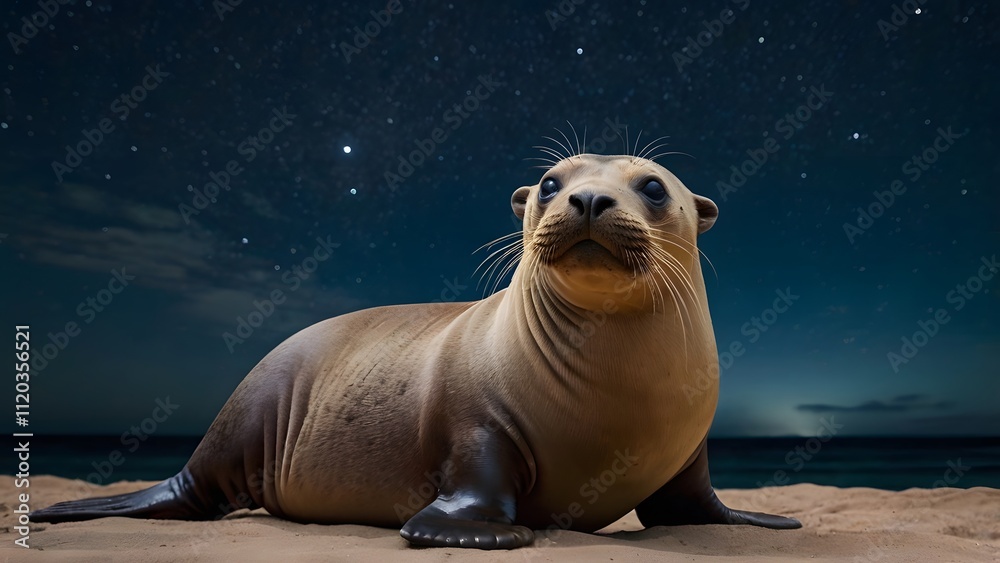 Fototapeta premium Sea Lion Pup on Beach at Night Under Stars