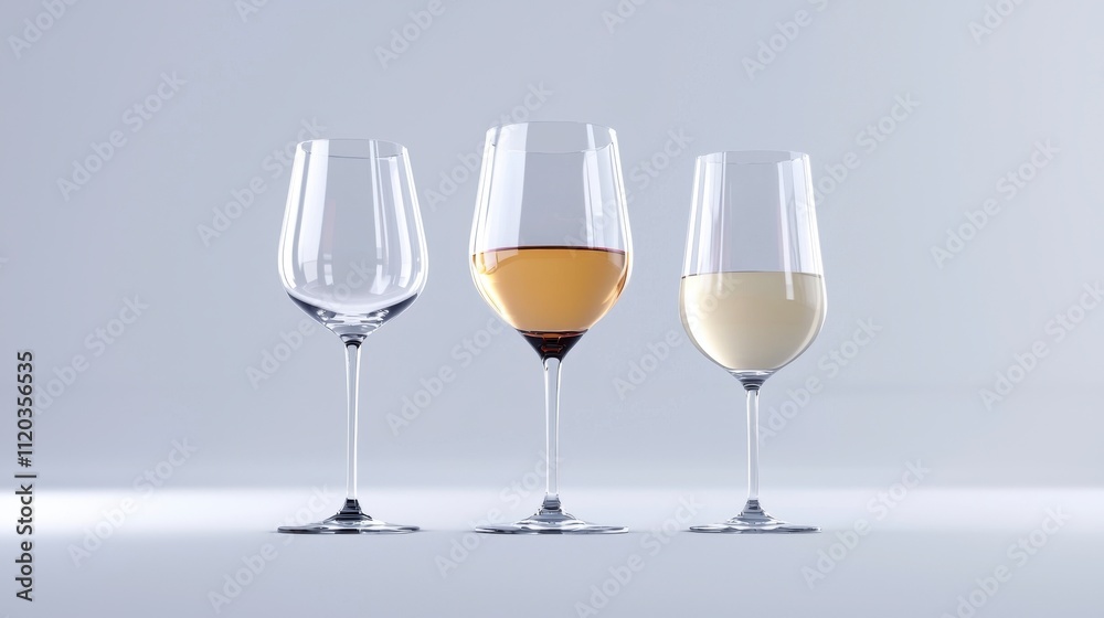 Elegant Display of Three Varieties of Wine Glasses Featuring Clear Glass, Deep Amber Liquid, and Light Yellow Liquid Set Against a Soft Gray Background Elegant Display of Three Varieties of Wine Glasses Featuring Clear Glass, Deep Amber Liquid, and Light Yellow Liquid Set Against a Soft Gray Background
