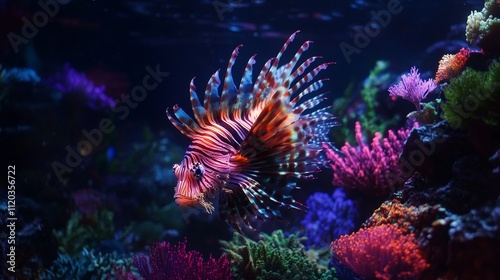 Vibrant Lionfish in a Coral Reef Ecosystem - Underwater scene, lionfish, coral, ocean life, vibrant colors, marine biodiversity