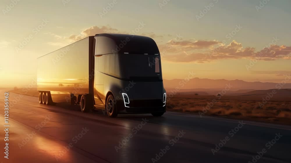 Modern black truck driving on a highway during golden hour with stunning sunlight. A sleek truck and trailer cruising down a highway at sunset.