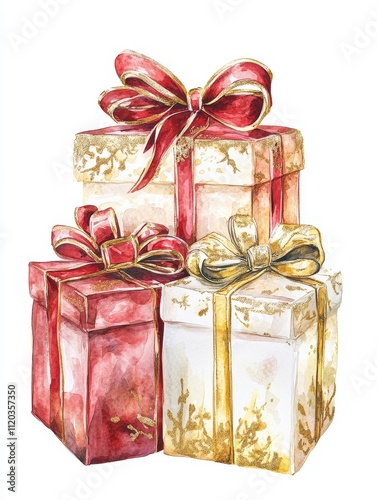 Watercolor Christmas Presents: Stack of Gifts with Red and Gold Bows - Festive watercolor painting of three beautifully wrapped gifts, symbolizing celebration, generosity, joy, anticipation, and surpr photo