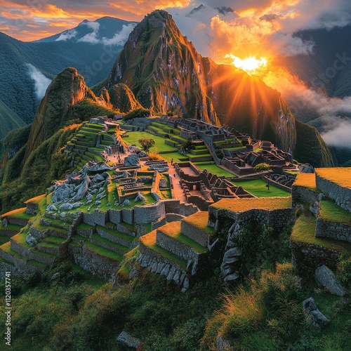 Machu Picchu, Peru,  foto a vista de drone, en un atardecer con sol. photo