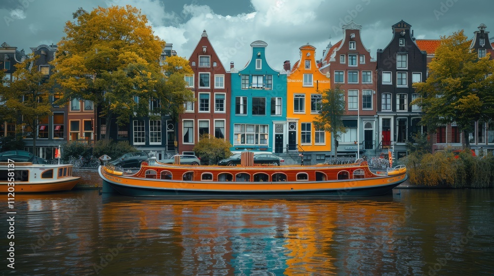 Obraz premium Colorful canal houses and a boat reflect in calm water under a cloudy sky.