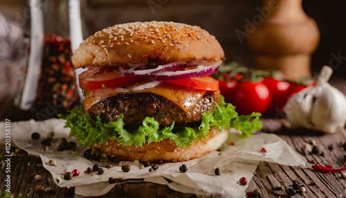 hamburguesa jugosa servida en plato sobre mesa rústica, presentación deliciosa y apetitosa