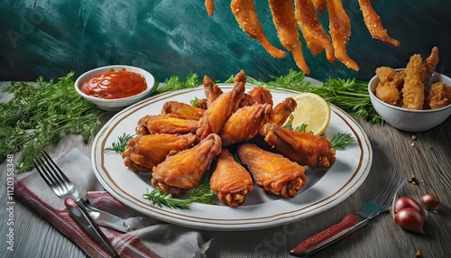 Alitas de pollo fritas servidas en plato blanco sobre mesa elegante, detalle culinario exquisito