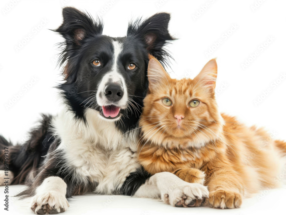 Cute and funny border collie and orange cat relaxing together in a bright studio Cute and funny border collie and orange cat relaxing together in a bright studio