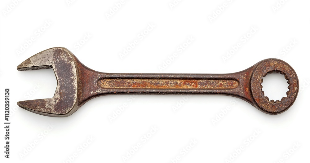 An old, rusty open-end wrench on a white background An old, rusty open-end wrench on a white background