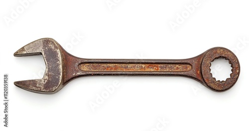 An old, rusty open-end wrench on a white background