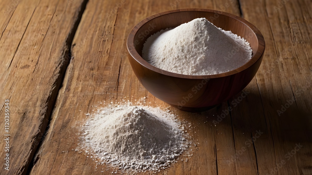Wooden Bowl of Flour on Rustic Wood Table Wooden Bowl of Flour on Rustic Wood Table