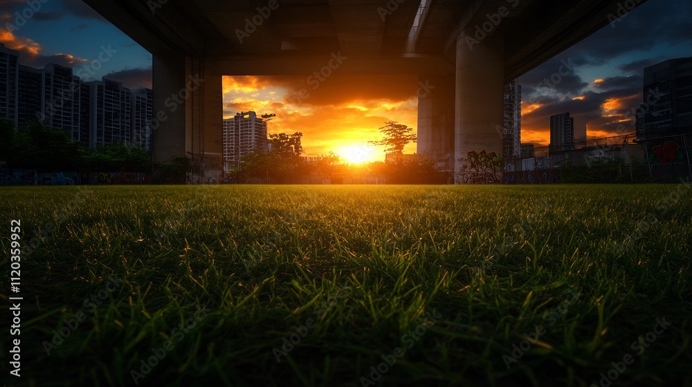 Sunset View Through Urban Overpass: Vibrant Cityscape Sunset View Through Urban Overpass: Vibrant Cityscape