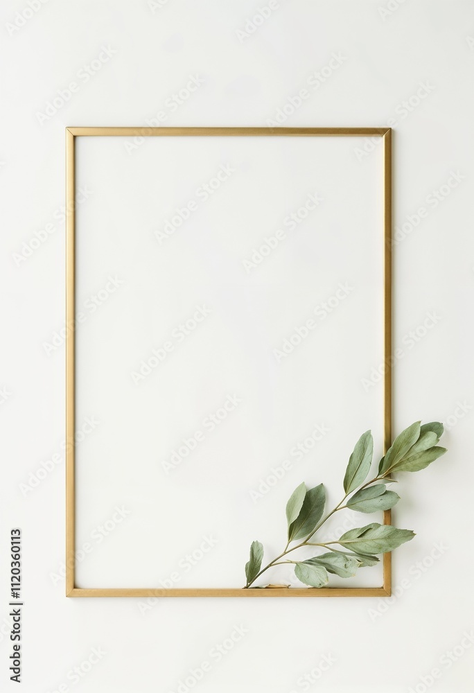 Empty golden frame with green leaves on a light background for minimalist decor Empty golden frame with green leaves on a light background for minimalist decor