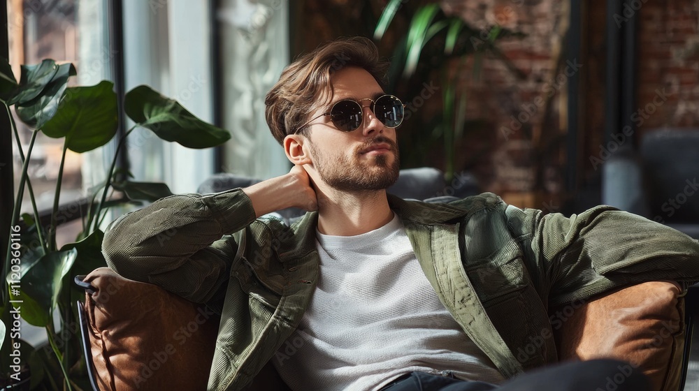 Relaxed man with sunglasses sitting in a cozy modern interior Relaxed man with sunglasses sitting in a cozy modern interior