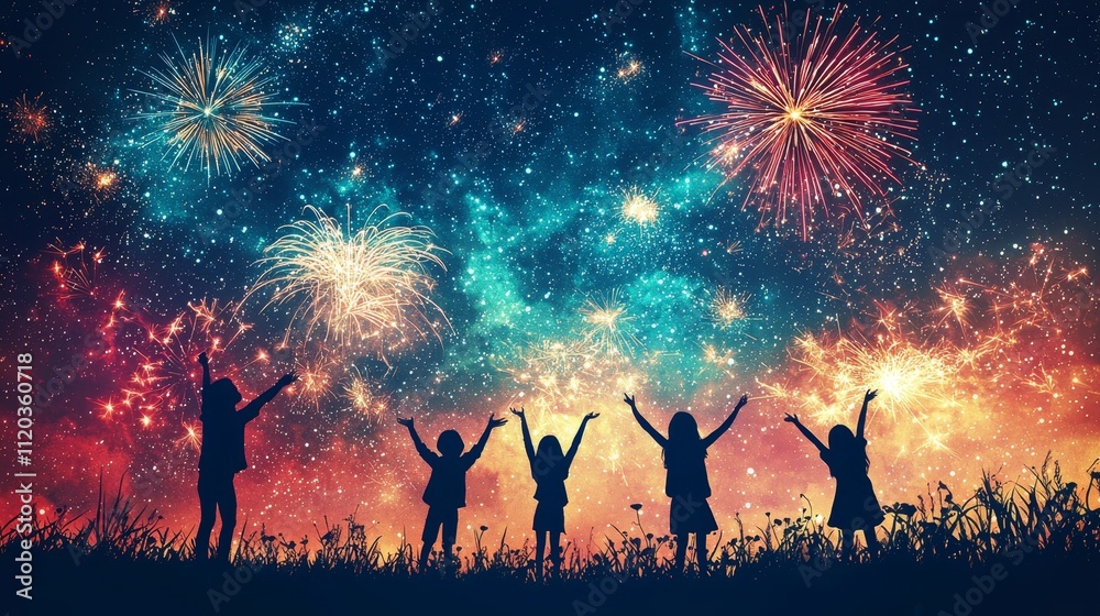 Silhouettes of children celebrate under a vibrant sky filled with colorful fireworks, capturing a moment of joy and wonder.