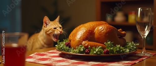 There's a plate of roast turkey on the Christmas table, and a sly cat is trying to steal it