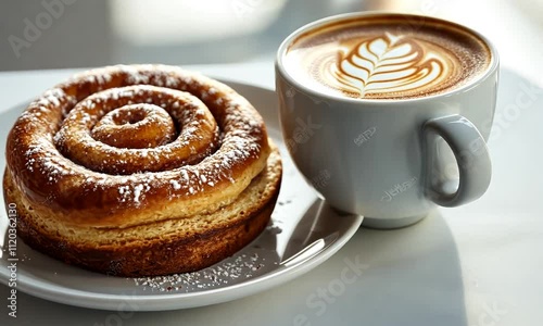 Sweet cinnamon roll pastry with latte coffee.