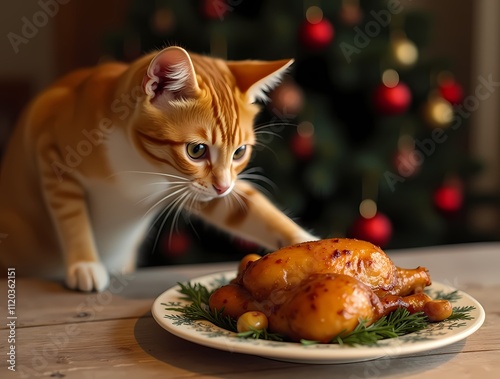 There's a plate of roast turkey on the Christmas table, and a sly cat is trying to steal it